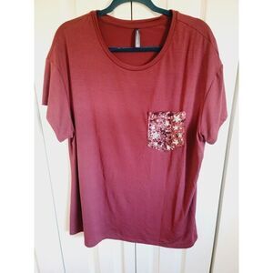 Massini 1X Women's Top Short Sleeve‎ Casual Career Maroon Beaded Pocket
